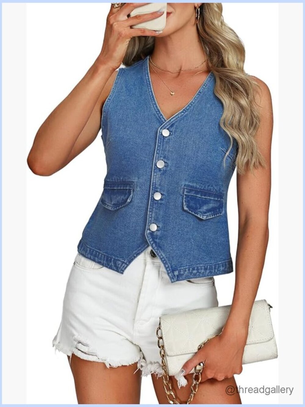 V Neck Button Down Sleeveless Denim Vest Top Waistcoat